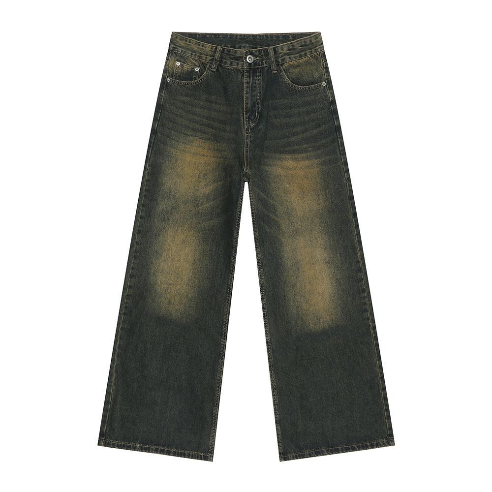 Men's Korean Streetwear Jeans – Vintage Washed Straight-Leg Denim Pants With Faded Details & Relaxed Drape (S-XL, Mid-Rise, Zip Fly)_mkmklike.com