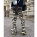 American Style Vibe Camouflage Straight Leg Cargo Jeans For Men High Street Retro Slightly Flared Slim Fit Casual Pants_mkmklike.com