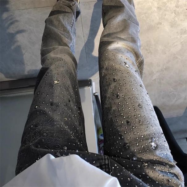 Summer High Street Skinny Jeans Rhinestone Heavy Studded Gray Stretch Denim For Men And Women_mkmklike.com