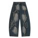 Loose Fit Denim Scimitar Pants Men's High Street Trend Embroidered Irregular Deconstructed Patchwork Frayed Wide-Leg_mkmklike.com