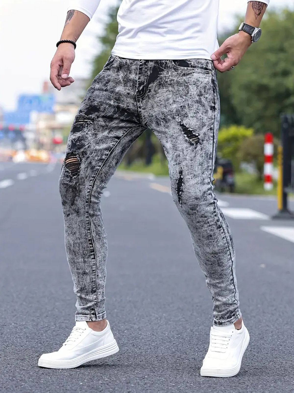 Men's Jeans With Elastic Holes, Dark Gray Leggings, Slim Fit And Versatile, Multi Craft Design, Men's Pants_mkmklike.com