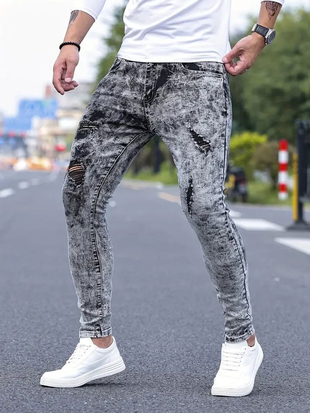 Men's Jeans With Elastic Holes, Dark Gray Leggings, Slim Fit And Versatile, Multi Craft Design, Men's Pants_mkmklike.com