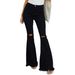 Women's Clothing Black Stretch Flared Jeans With Distressed Hem & Fringe – Slim Fit Mid-Rise Vintage Denim (S-XXL)_mkmklike.com