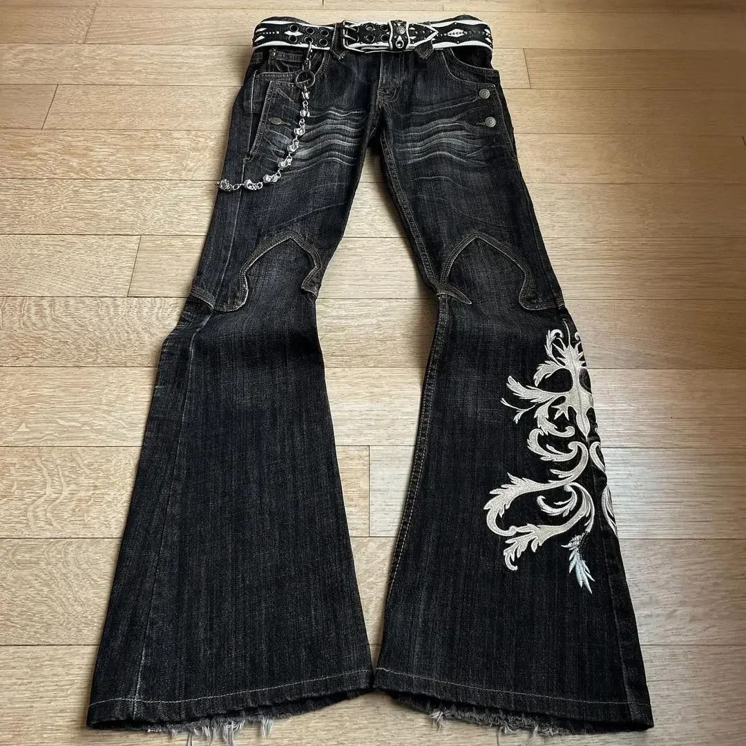 Gothic Embroidery Flared Jeans - Y2K Punk Low-Rise Denim Pants With 3D Stitching & Vintage Wash For Unisex Streetwear_mkmklike.com