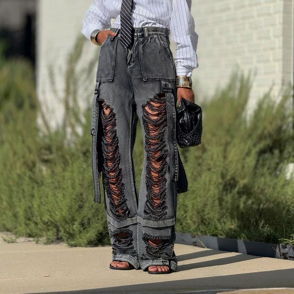 Women's Hiphop Street Ripped Ribbon Cargo Jeans Casual Cotton Denim Spring/Autumn Summer Regular Fit Solid Color_mkmklike.com