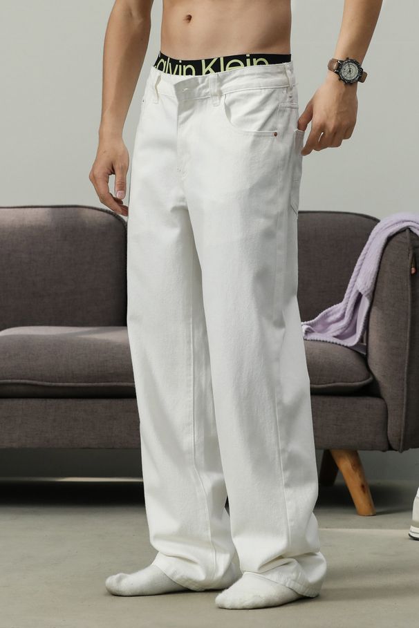 Men's White Straight Leg Jeans - Classic Cotton Denim Pants For Teenagers & Young Adults - Relaxed Fit Washed Casual Trousers_mkmklike.com