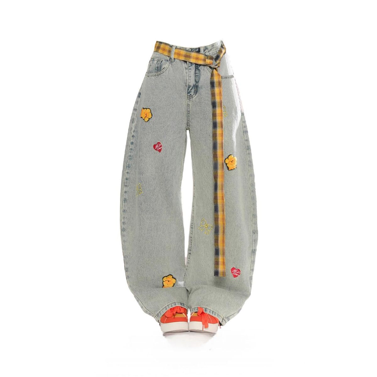 Men's Plaid Belted Cartoon Embroidered Jeans Straight Leg Loose Fit Wide Leg American High Street Style Trendy And Cool_mkmklike.com