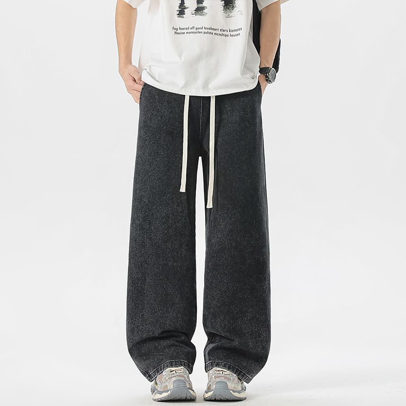 Men's Clothing Solid Color Straight Leg Jeans Trendy Loose Drawstring Pants For Teenagers Autumn Winter Collection_mkmklike.com