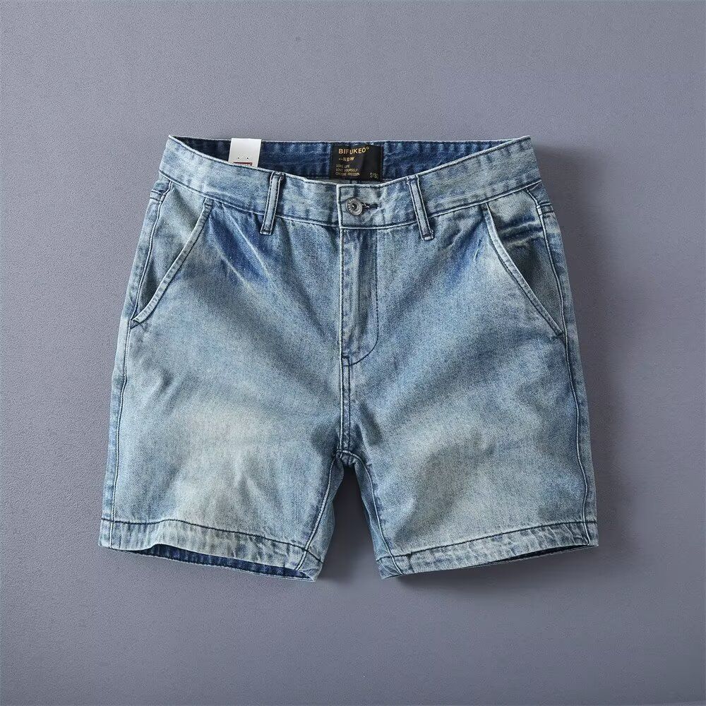 Men's Trendy Washed Denim Shorts Straight Leg Casual Jeans Retro Loose Versatile Shorts_mkmklike.com