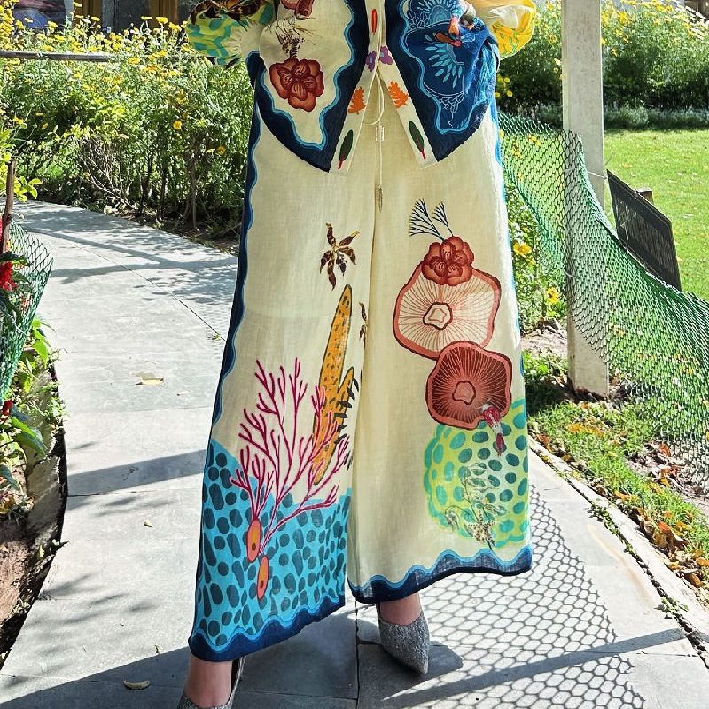 Women's Clothing fashion personality printed cotton and linen loose leisure vacation two-piece suit_mkmklike.com