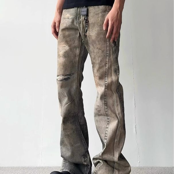 Distressed Cleanfit Digital Print Flared Jeans For Men & Women - Vintage Stitch Detail Slim Straight Leg Denim Pants_mkmklike.com