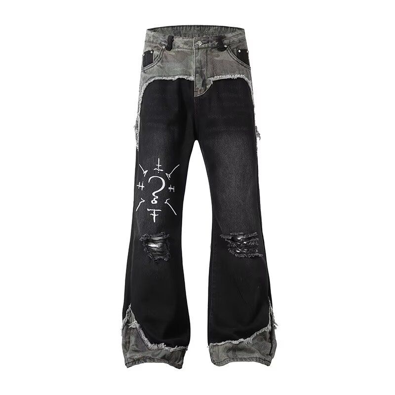 Men's Clothing High Street Graffiti Camouflage Patchwork Jeans Spring And Autumn Trousers_mkmklike.com