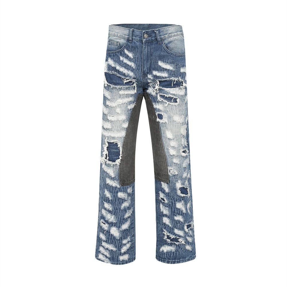 Heavy-Duty Distressed Embroidered Denim Men's High Street Vibe Wasteland Punk Niche Patchwork Personality Wide-Leg Pants_mkmklike.com