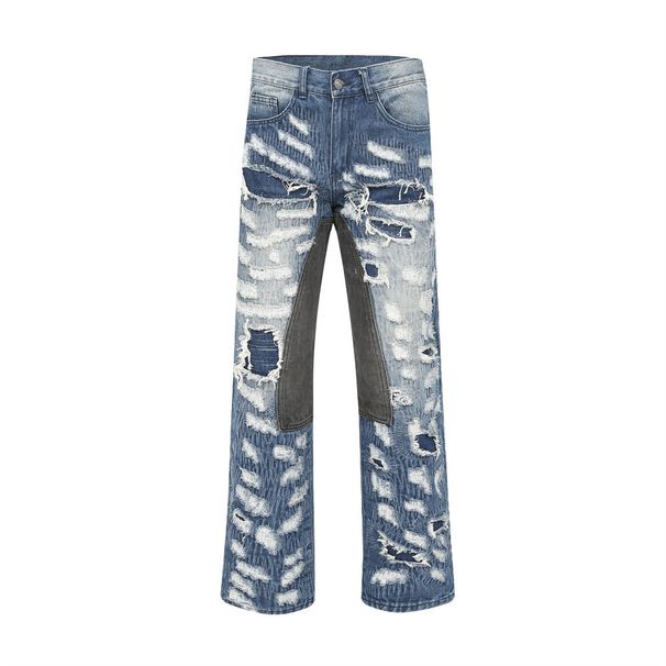 Heavy-Duty Distressed Embroidered Denim Men's High Street Vibe Wasteland Punk Niche Patchwork Personality Wide-Leg Pants_mkmklike.com