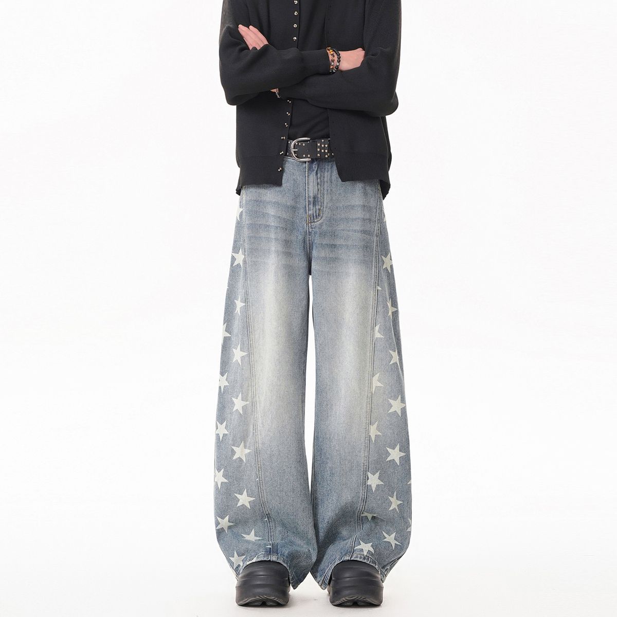 Men's Clothing Unisex Casual Straight Leg Jeans Style Trendy Wide Leg Trousers Bamboo Textured Washed Curved Denim_mkmklike.com