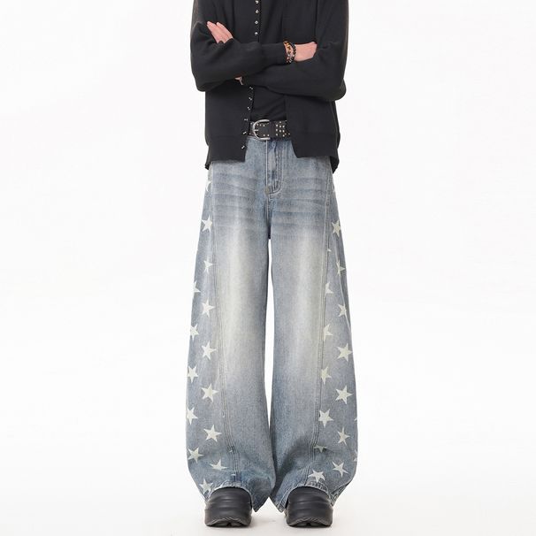 Men's Clothing Unisex Casual Straight Leg Jeans Style Trendy Wide Leg Trousers Bamboo Textured Washed Curved Denim_mkmklike.com