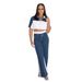 Women's Clothing Denim Stitching Color Stand Up Collar Zipper Top Wide Leg Pants Two Piece Suit For Women_mkmklike.com