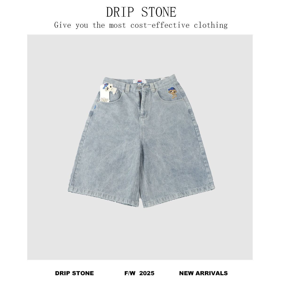 Men's Clothing Retro High Street Washed Embroidery Distressed Cropped Trousers Loose Casual Skateboard Denim Shorts Wide Leg Trousers_mkmklike.com