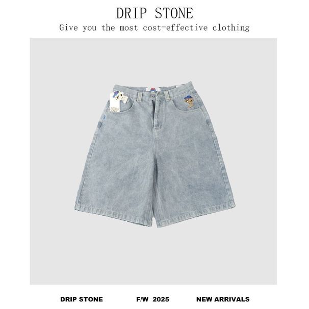 Men's Clothing Retro High Street Washed Embroidery Distressed Cropped Trousers Loose Casual Skateboard Denim Shorts Wide Leg Trousers_mkmklike.com