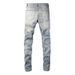 Men Leather Patches Denim Jeans Streetwear Holes Ripped High Stretch Pants Light Blue Skinny Tapered Trousers_mkmklike.com