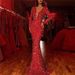 Women's Clothing Dress Fishtail Edge Red Sparkling Long Sleeve V-neck Dress Long Skirt_mkmklike.com
