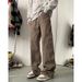 Men's Trendy Brown Retro Denim Jeans Loose Straight Leg High Street American Style Multi Pocket Cargo Casual Trousers_mkmklike.com