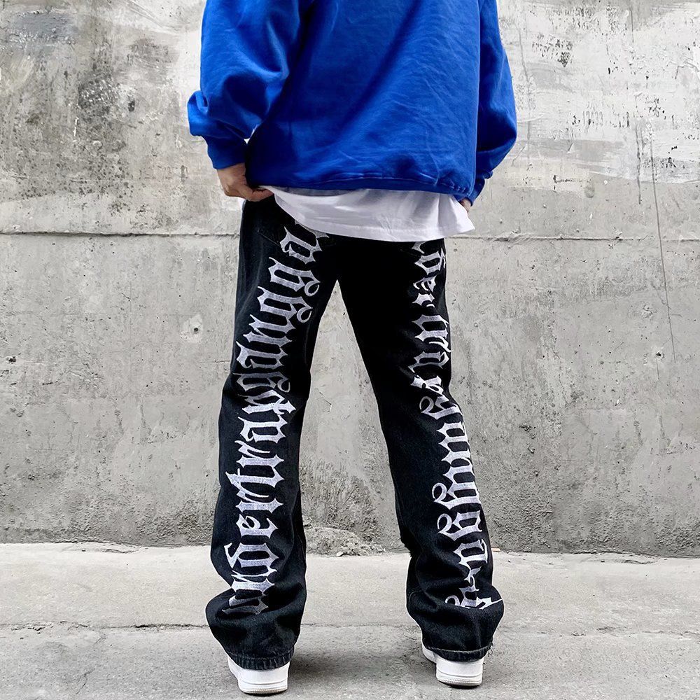 Black High Street Fog Personality Letter Embroidered Jeans Men Ins European And American Hip Hop Hole Slightly Pull Loose Trousers Tide_mkmklike.com
