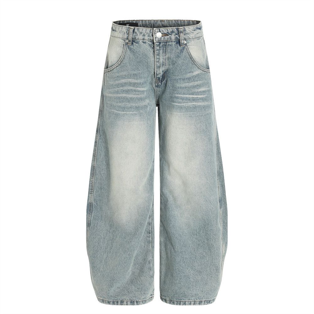 Washed Vintage Denim Scimitar Pants Men's High Street Trend Wide-Leg Trousers With Ruched Design And Curved Scythe Shape_mkmklike.com