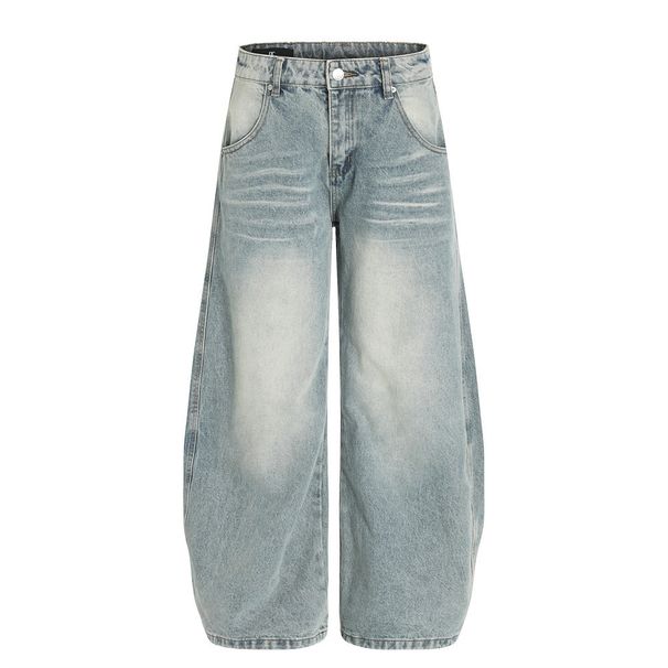 Washed Vintage Denim Scimitar Pants Men's High Street Trend Wide-Leg Trousers With Ruched Design And Curved Scythe Shape_mkmklike.com