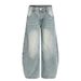 Washed Vintage Denim Scimitar Pants Men's High Street Trend Wide-Leg Trousers With Ruched Design And Curved Scythe Shape_mkmklike.com