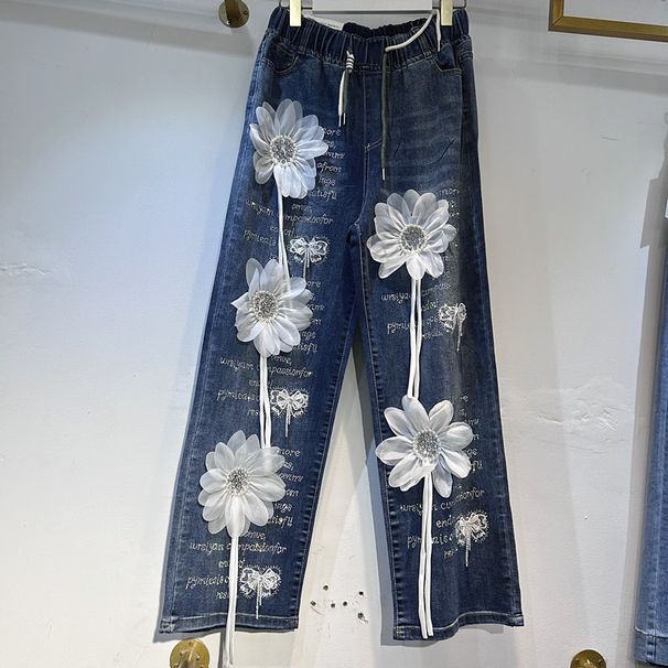 Women's European Style Heavy Duty 3D Floral Rhinestone Jeans Elastic Waist Loose Fit Slimming Fashionable Wide Leg Trousers For Spring And Autumn_mkmklike.com
