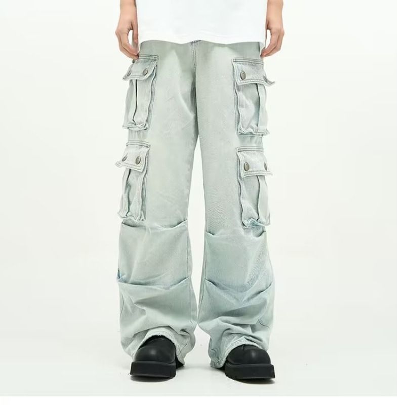 Unisex American Style Retro Blue Wide Leg Cargo Pants Multi Pocket Jeans Couple's Trendy European Design Men's Denim_mkmklike.com