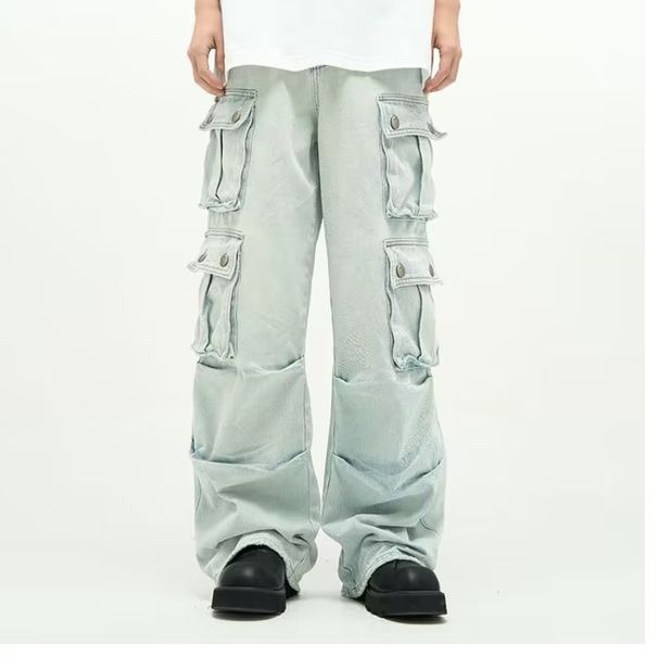 Unisex American Style Retro Blue Wide Leg Cargo Pants Multi Pocket Jeans Couple's Trendy European Design Men's Denim_mkmklike.com