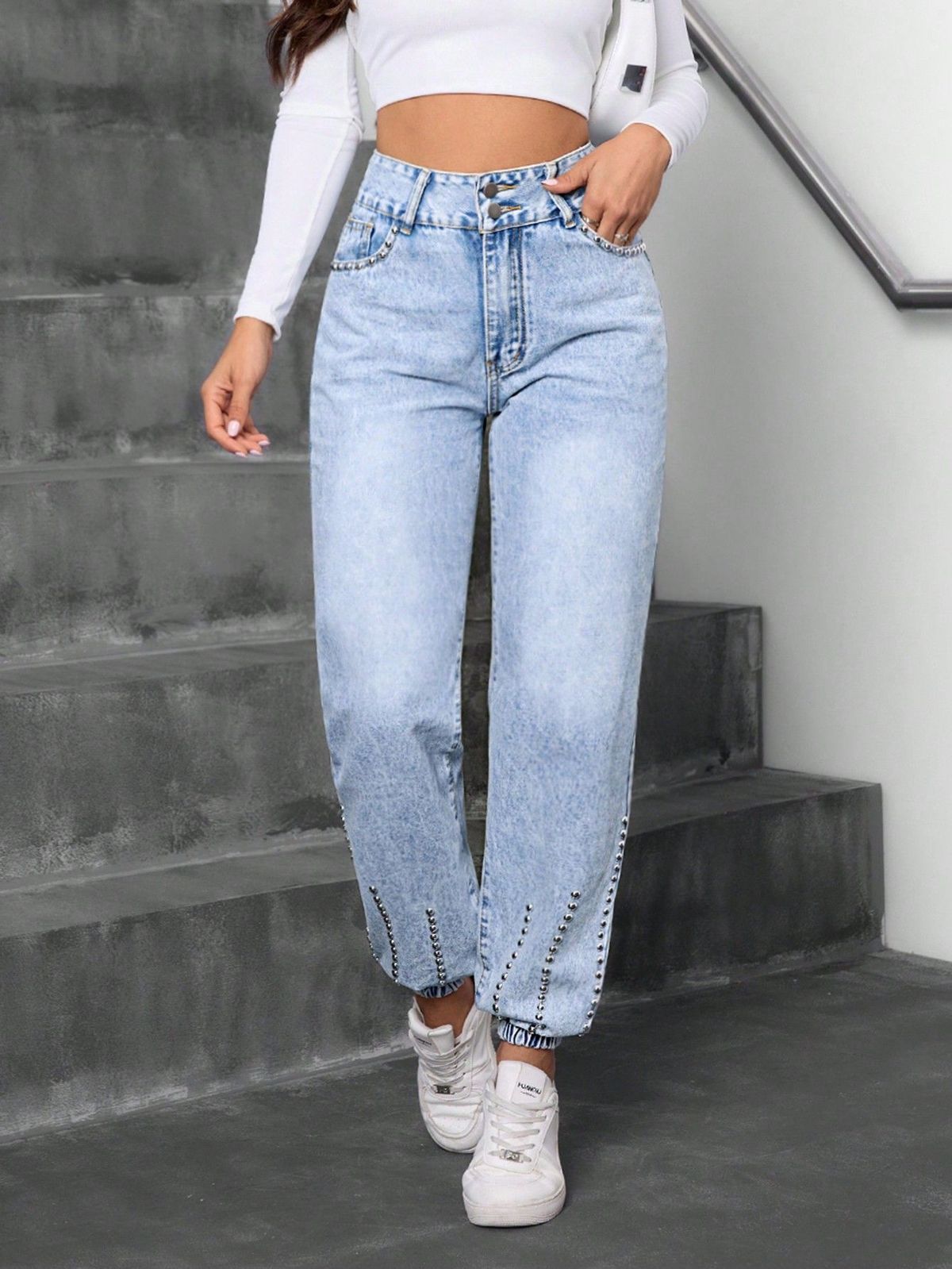 Women's High-Waisted Rhinestone Embellished Jeans – Trendy Straight-Leg Denim Pants For Streetwear & Casual Chic_mkmklike.com