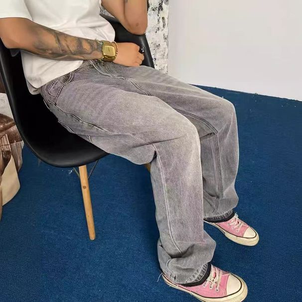 Vintage-Inspired Washed Gray Frayed Hem Flared Jeans - Cleanfit Stretch Denim Pants For Men & Women Fashion Trends_mkmklike.com