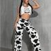 Women's High-Waisted Cow Print Wide Leg Pants Slimming Straight Leg Faux Jeans European American Style Retro Y2K Unique Print_mkmklike.com