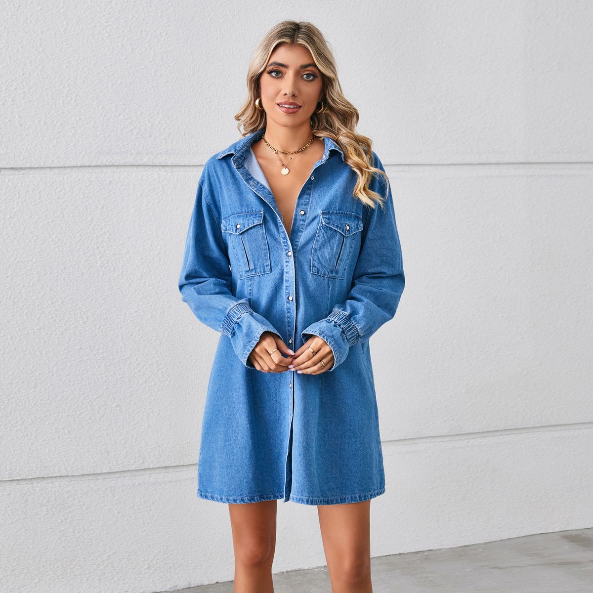 ELLE ELLE European And American Cross-Border Trade Independent Station New Loose Washed Denim Dress Top Mid-Length_mkmklike.com