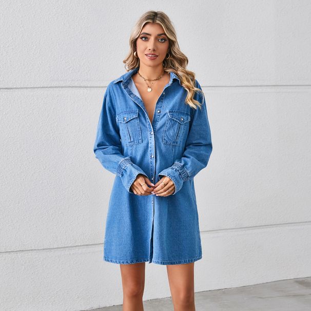 ELLE ELLE European And American Cross-Border Trade Independent Station New Loose Washed Denim Dress Top Mid-Length_mkmklike.com