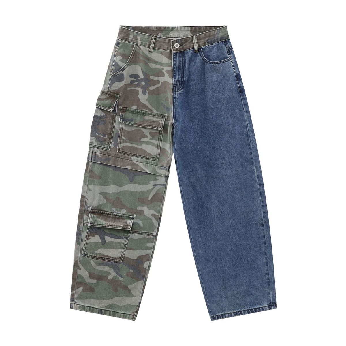 Men's Clothing Denim Camouflage Stitching Multi Pocket Scimitar Jeans Retro High Street Straight Overalls_mkmklike.com