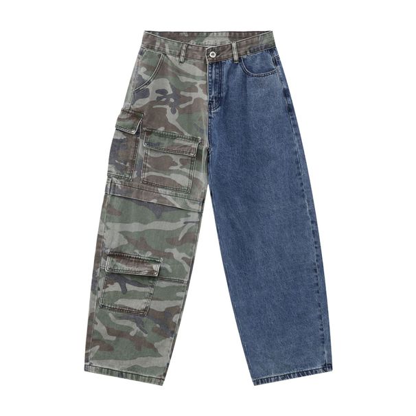 Men's Clothing Denim Camouflage Stitching Multi Pocket Scimitar Jeans Retro High Street Straight Overalls_mkmklike.com