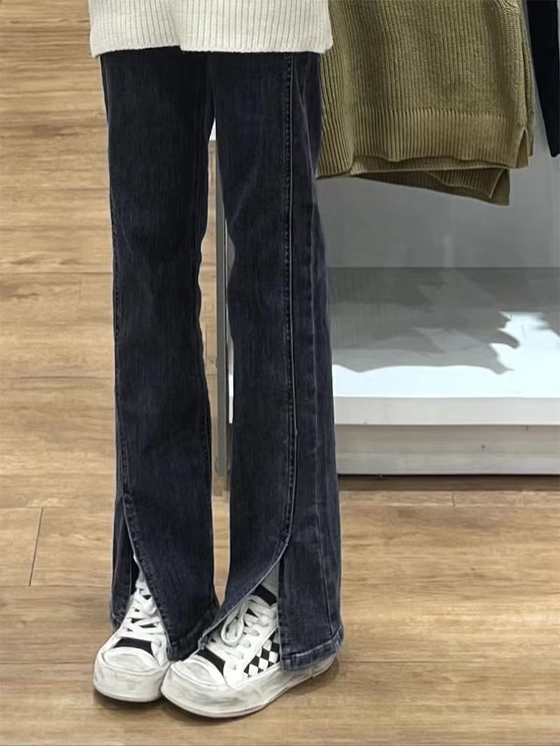 Plus-size High-waisted Slit Straight-leg Jeans For Plus-size Women, New Spring 2025 Loose Wide-leg Floor-length Pants_mkmklike.com