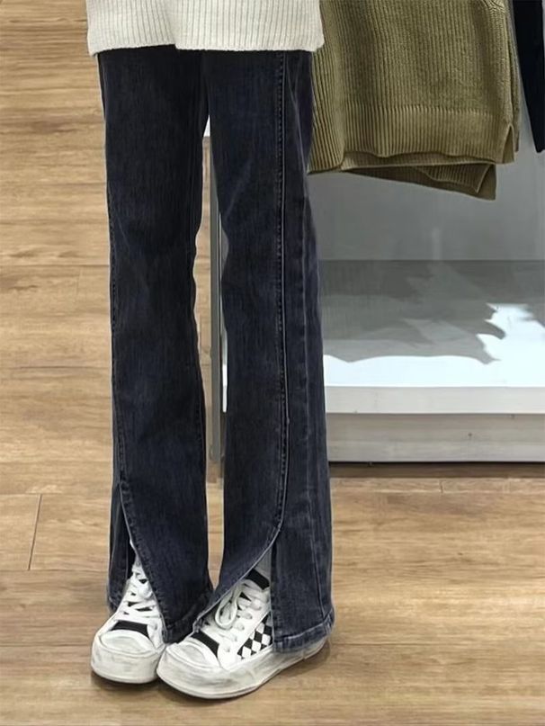 Plus-size High-waisted Slit Straight-leg Jeans For Plus-size Women, New Spring 2025 Loose Wide-leg Floor-length Pants_mkmklike.com