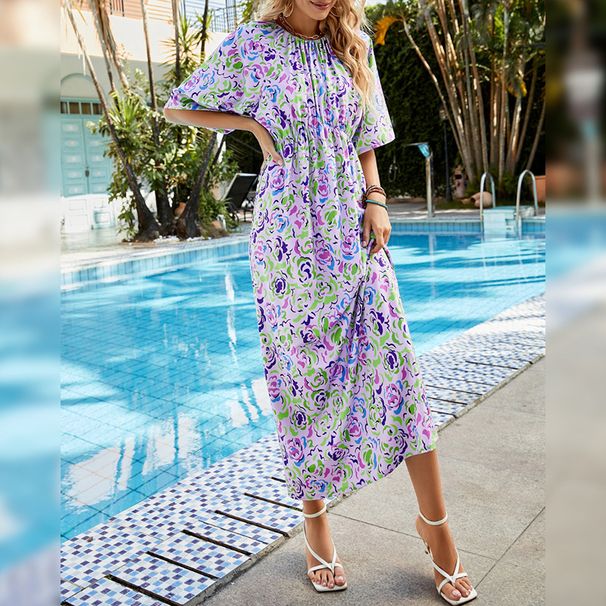 Long hem floral dress, short sleeve, waist, slim, long style bohemian dress_mkmklike.com
