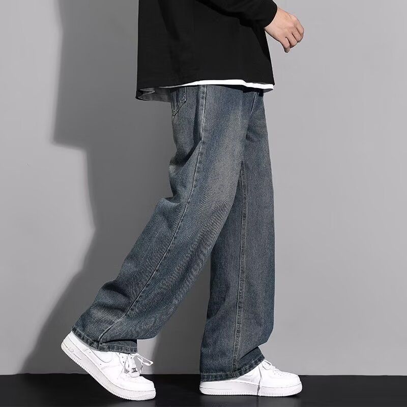 Men's Vintage Washed Jeans – Relaxed Straight Leg Wide Fit High Street Casual Pants (Retro, Black, Mud Yellow, Light Blue, Cement Gray)_mkmklike.com
