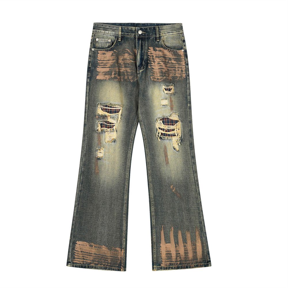 Post-Industrial Heavy-Duty Washed Distressed Denim Flared Pants Vibe Hippie Trend Ink-Splattered Niche Men's Trousers_mkmklike.com