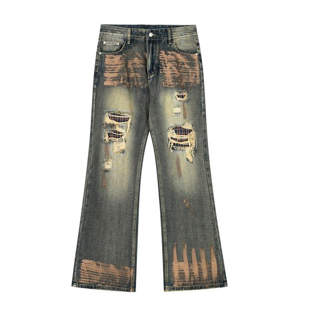 Post-Industrial Heavy-Duty Washed Distressed Denim Flared Pants Vibe Hippie Trend Ink-Splattered Niche Men's Trousers_mkmklike.com