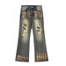 Post-Industrial Heavy-Duty Washed Distressed Denim Flared Pants Vibe Hippie Trend Ink-Splattered Niche Men's Trousers_mkmklike.com
