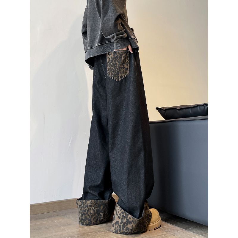 Leopard Print Patchwork Black Jeans For Men, Spring Autumn Trendy Brand, Loose Straight Wide-leg Pants, American High_mkmklike.com