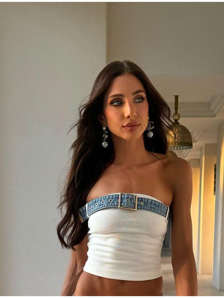 Women's Clothing Spring And Summer Fashion Temperament Sleeveless Tube Top Denim Splicing Trousers Set_mkmklike.com