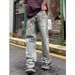 Men's Distressed Patchwork Baggy Jeans - Relaxed Fit Wide Leg Denim Pants With Contrast Applique_mkmklike.com
